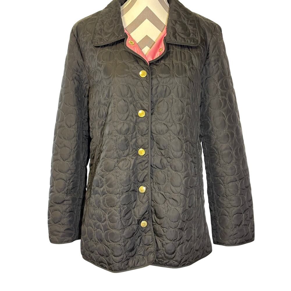 Coach Signature C Quilted Barn Jacket Black Pink Lining Large Gold Buttons